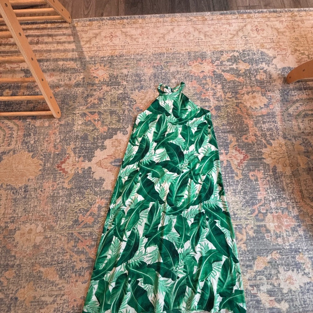 Green Leaf Print Halter Dress